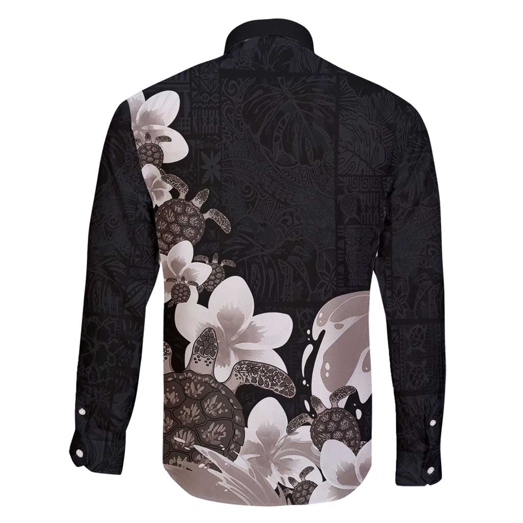 Hawaiian Plumeria and Turtle Family Matching Off Shoulder Short Dress and Hawaiian Shirt with Polynesian Tribal Art Pattern Grayscale Color