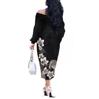 Hawaiian Plumeria and Turtle Off The Shoulder Long Sleeve Dress with Polynesian Tribal Art Pattern Grayscale Color LT03 - Polynesian Pride
