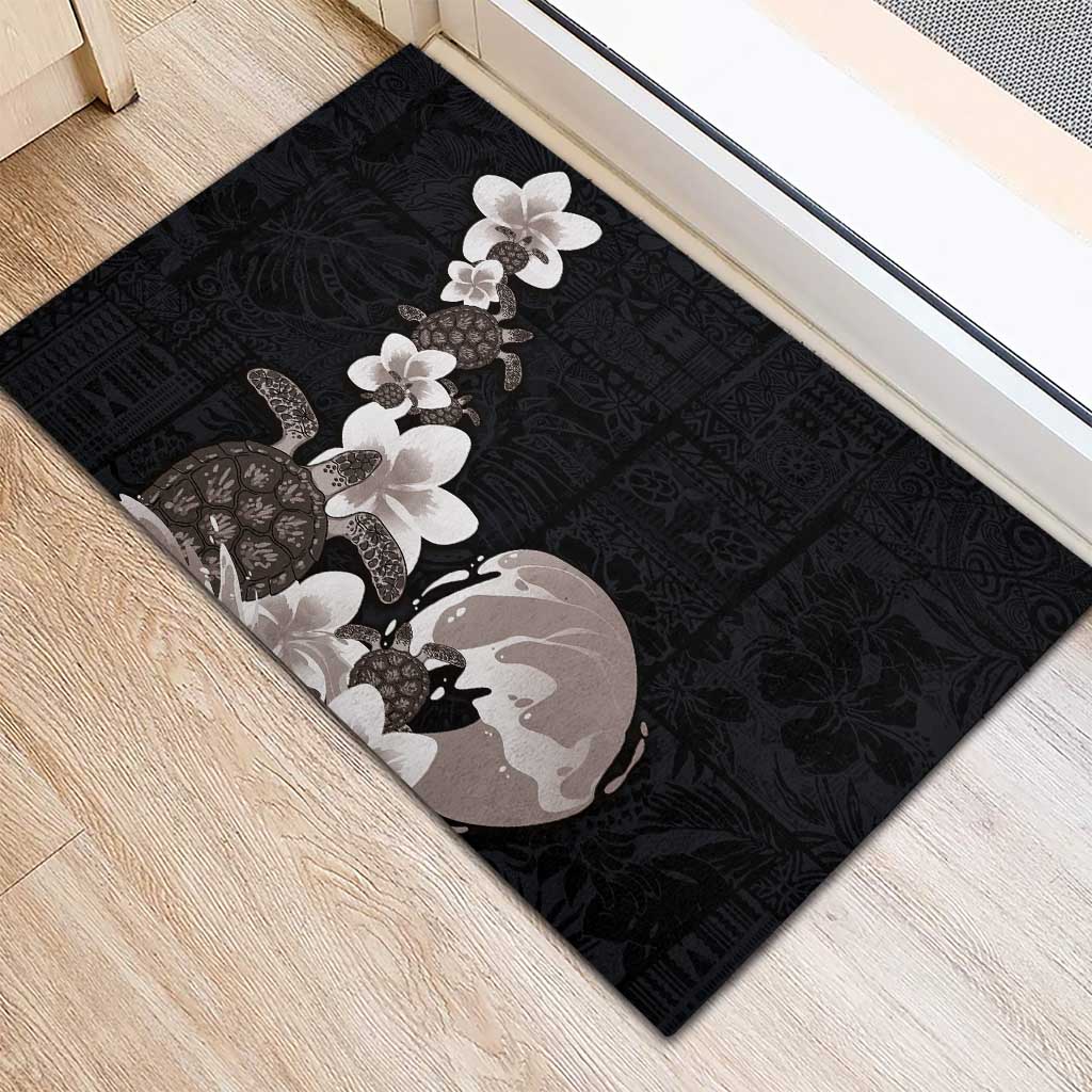 Hawaiian Plumeria and Turtle Rubber Doormat with Polynesian Tribal Art Pattern Grayscale Color