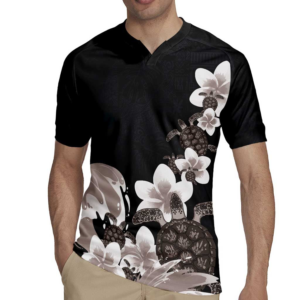 Hawaiian Plumeria and Turtle Rugby Jersey with Polynesian Tribal Art Pattern Grayscale Color