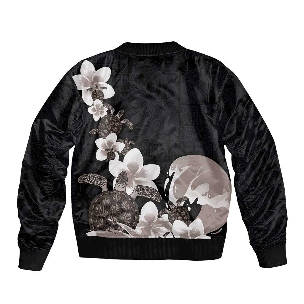 Hawaiian Plumeria and Turtle Sleeve Zip Bomber Jacket with Polynesian Tribal Art Pattern Grayscale Color