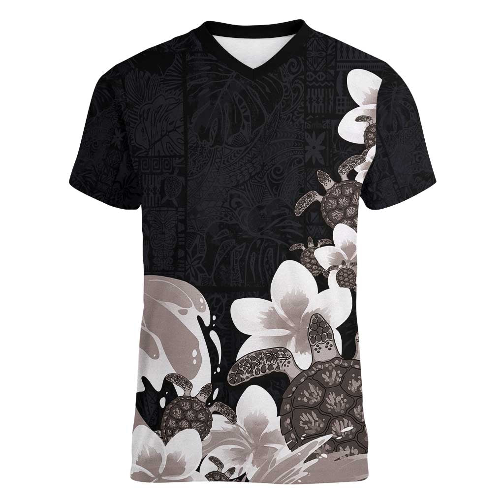 Hawaiian Plumeria and Turtle Women V-Neck T-Shirt with Polynesian Tribal Art Pattern Grayscale Color LT03 Female Black - Polynesian Pride
