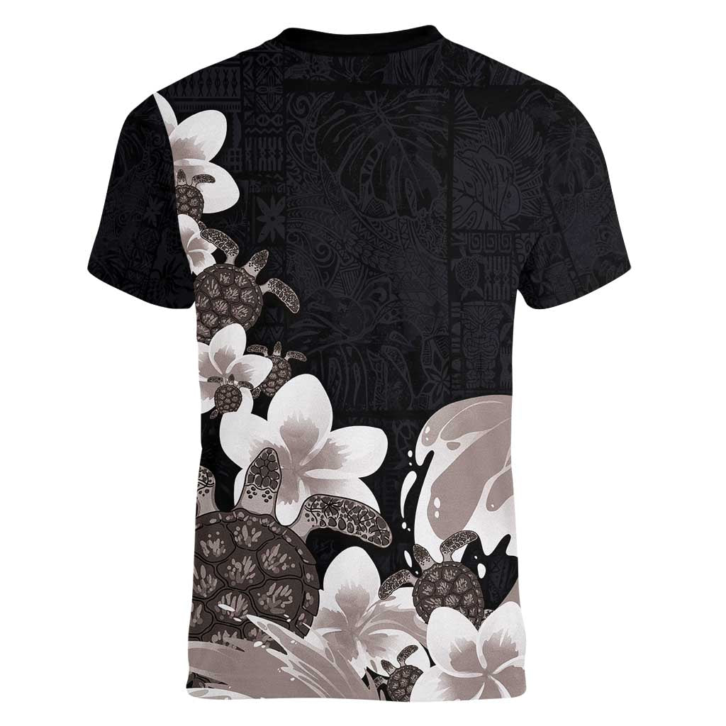 Hawaiian Plumeria and Turtle Women V-Neck T-Shirt with Polynesian Tribal Art Pattern Grayscale Color LT03 - Polynesian Pride