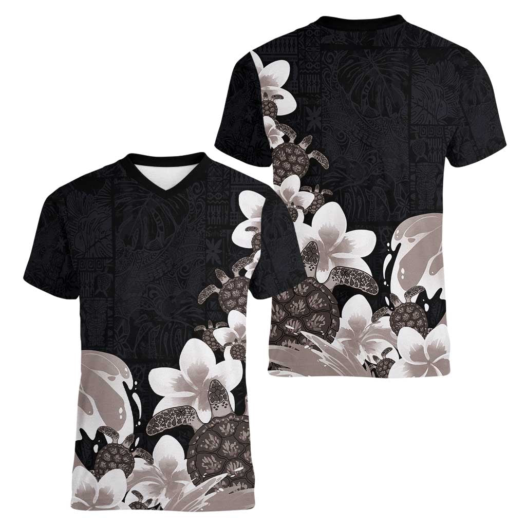 Hawaiian Plumeria and Turtle Women V-Neck T-Shirt with Polynesian Tribal Art Pattern Grayscale Color LT03 - Polynesian Pride