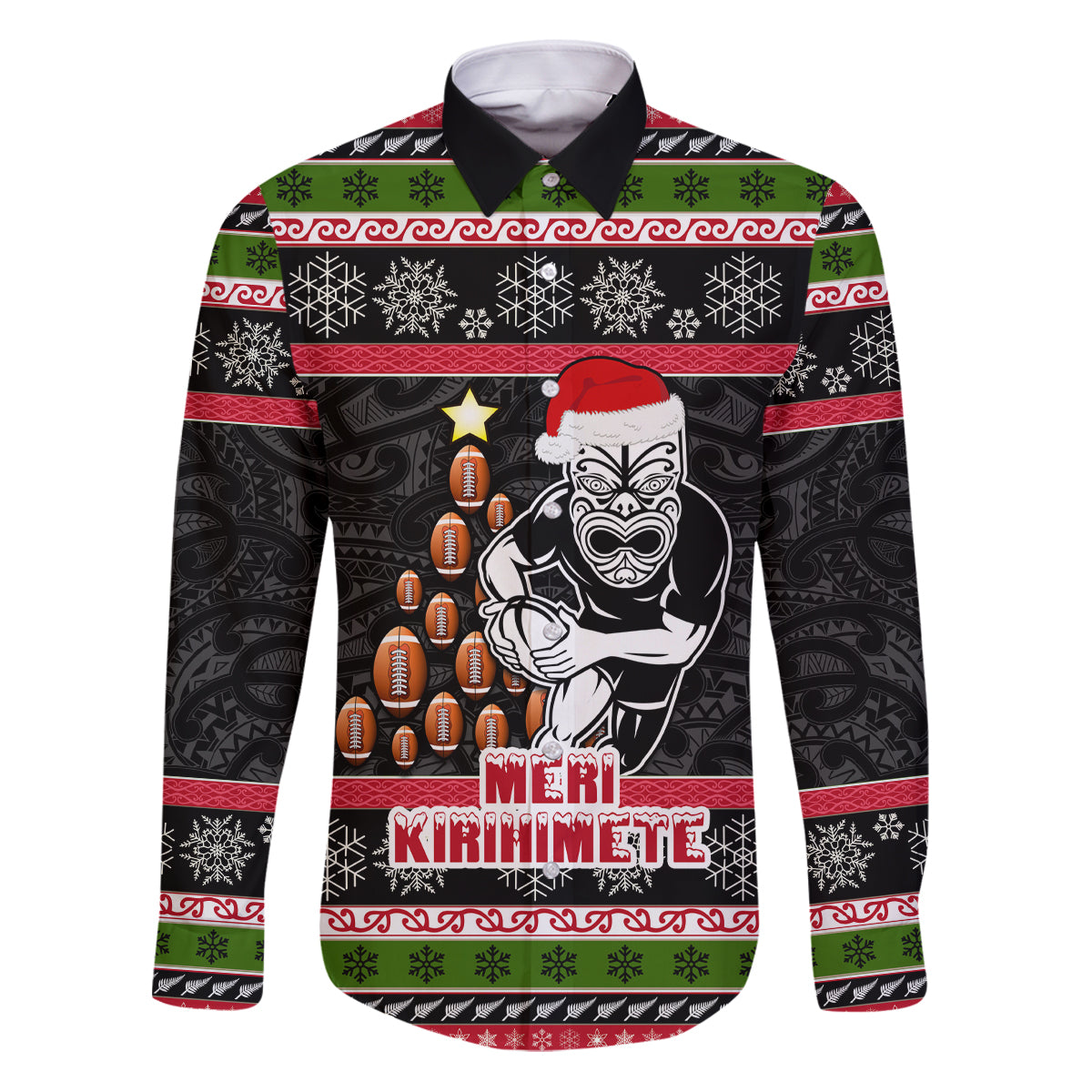 Personalized New Zealand Meri Kirihimete Family Matching Puletasi Dress and Hawaiian Shirt Maori Warrior with Rugby Christmas Tree LT03 Dad's Shirt - Long Sleeve Black - Polynesian Pride