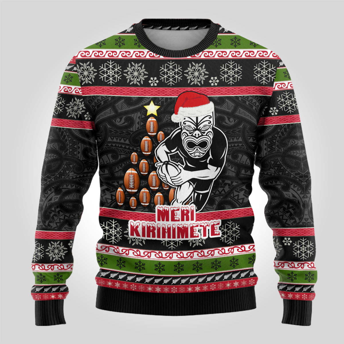 Personalized New Zealand Christmas Ugly Christmas Sweater Maori Warrior with Rugby Christmas Tree LT03 - Polynesian Pride
