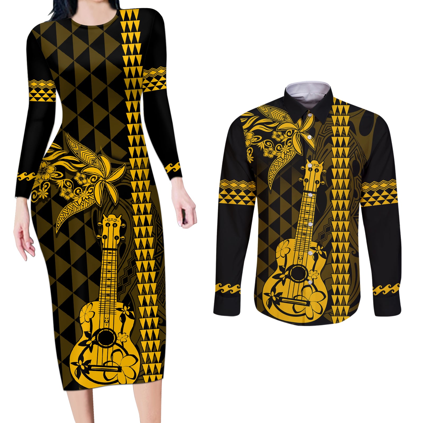 Custom Hawaii Couples Matching Long Sleeve Bodycon Dress and Long Sleeve Button Shirt Ukelele and Hula Girl Mix Kakau Pattern LT03 Yellow - Polynesian Pride