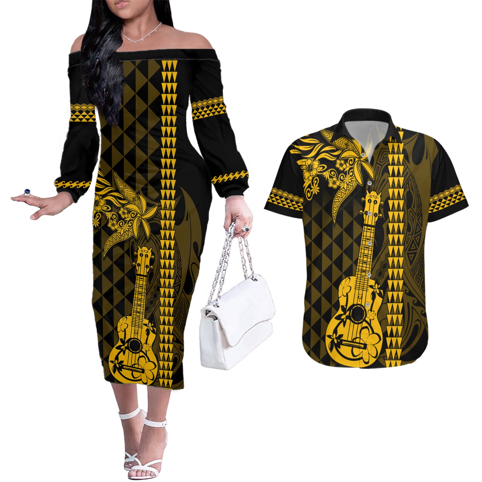 Custom Hawaii Couples Matching Off The Shoulder Long Sleeve Dress and Hawaiian Shirt Ukelele and Hula Girl Mix Kakau Pattern LT03 Yellow - Polynesian Pride