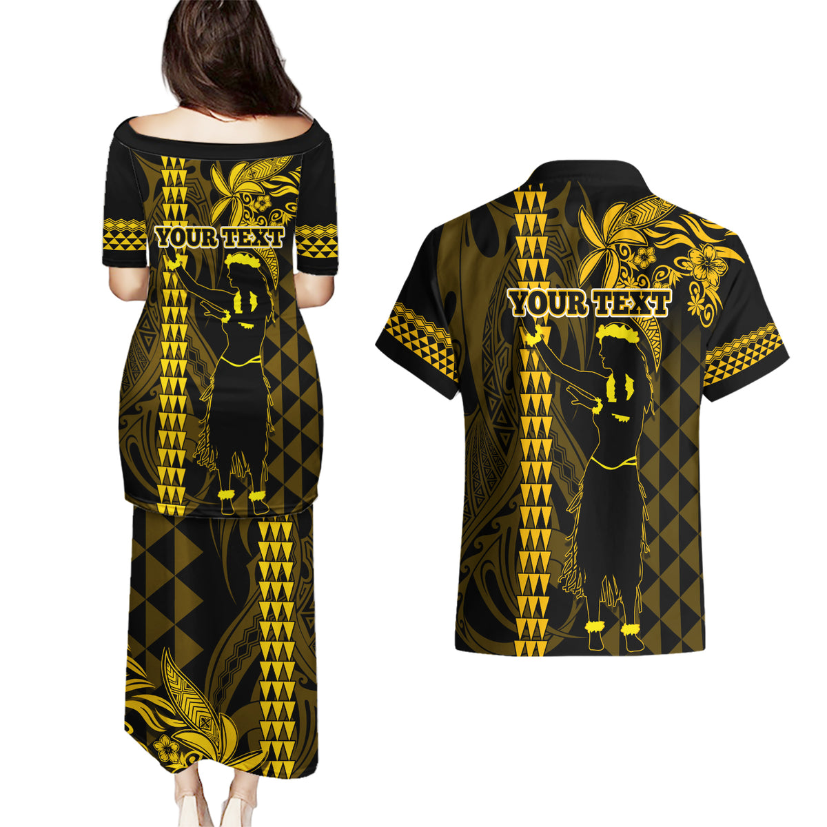 Custom Hawaii Couples Matching Puletasi Dress and Hawaiian Shirt Ukelele and Hula Girl Mix Kakau Pattern LT03 - Polynesian Pride