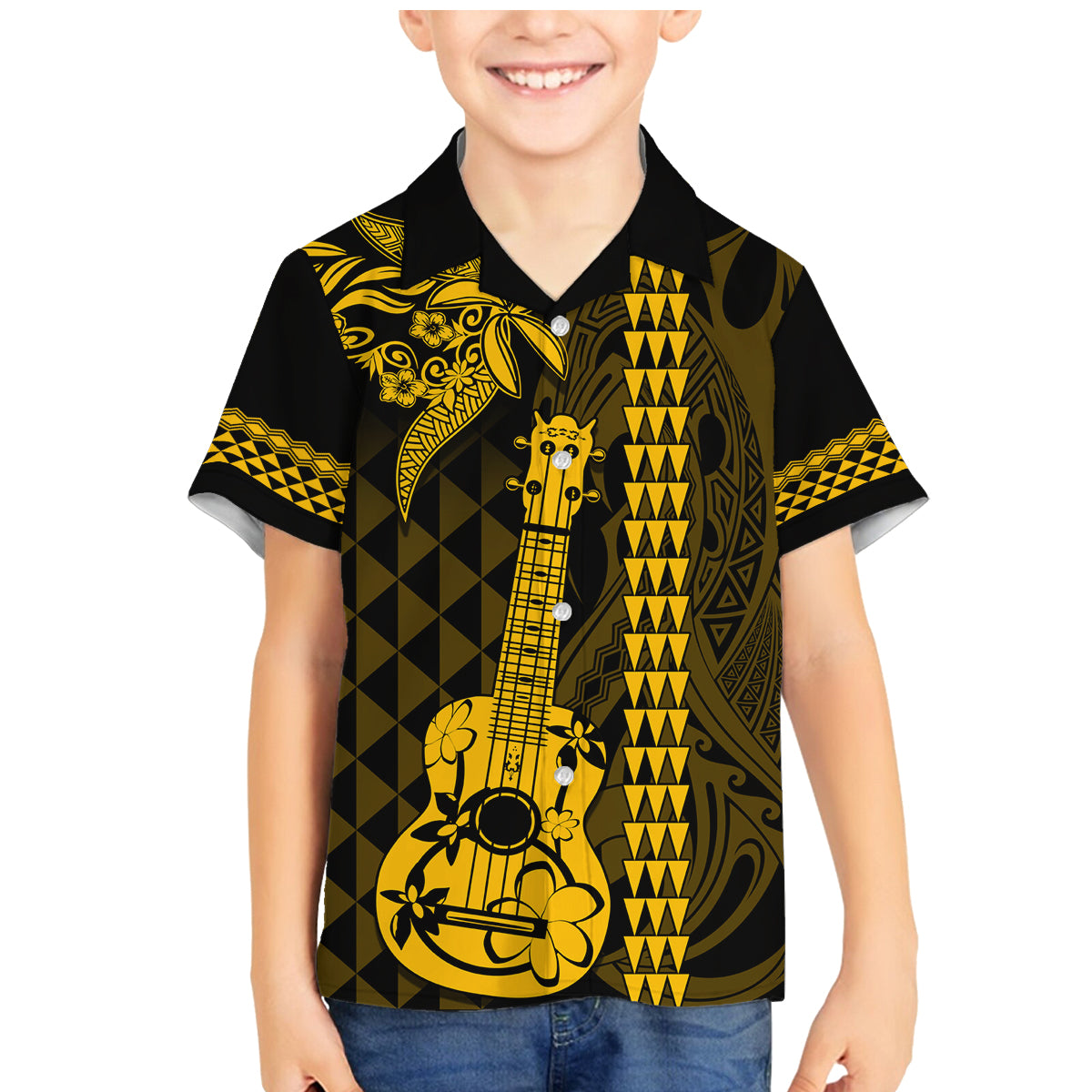 Custom Hawaii Family Matching Mermaid Dress and Hawaiian Shirt Ukelele and Hula Girl Mix Kakau Pattern LT03 Son's Shirt Yellow - Polynesian Pride