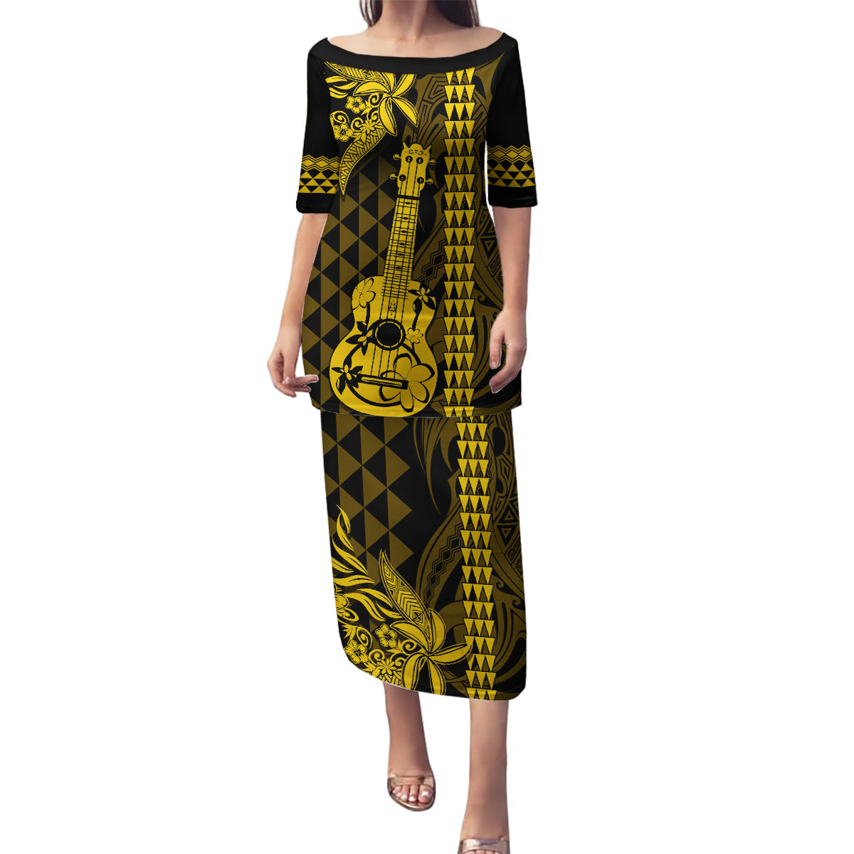 Custom Hawaii Family Matching Puletasi Dress and Hawaiian Shirt Ukelele and Hula Girl Mix Kakau Pattern LT03 Mom's Dress Yellow - Polynesian Pride