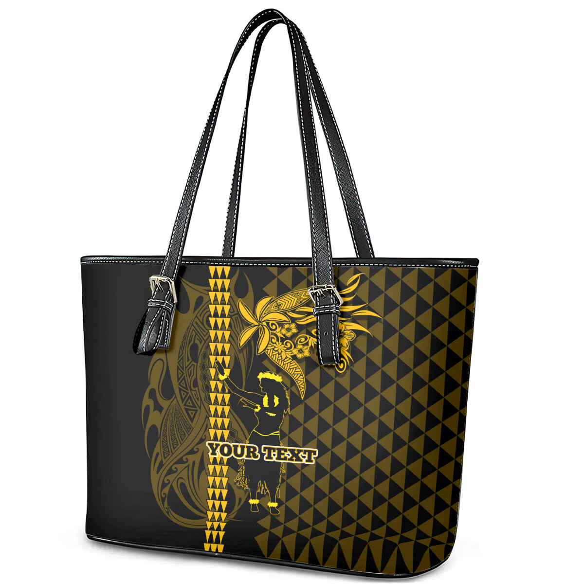 Custom Hawaii Leather Tote Bag Ukelele and Hula Girl Mix Kakau Pattern LT03 - Polynesian Pride
