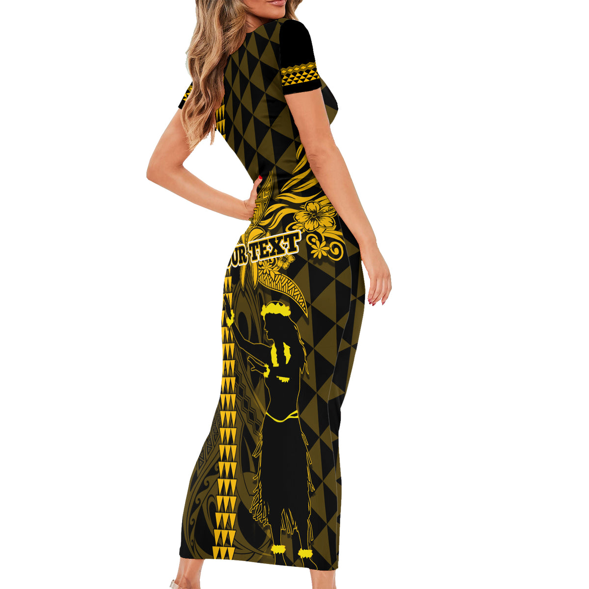 Custom Hawaii Short Sleeve Bodycon Dress Ukelele and Hula Girl Mix Kakau Pattern LT03 - Polynesian Pride