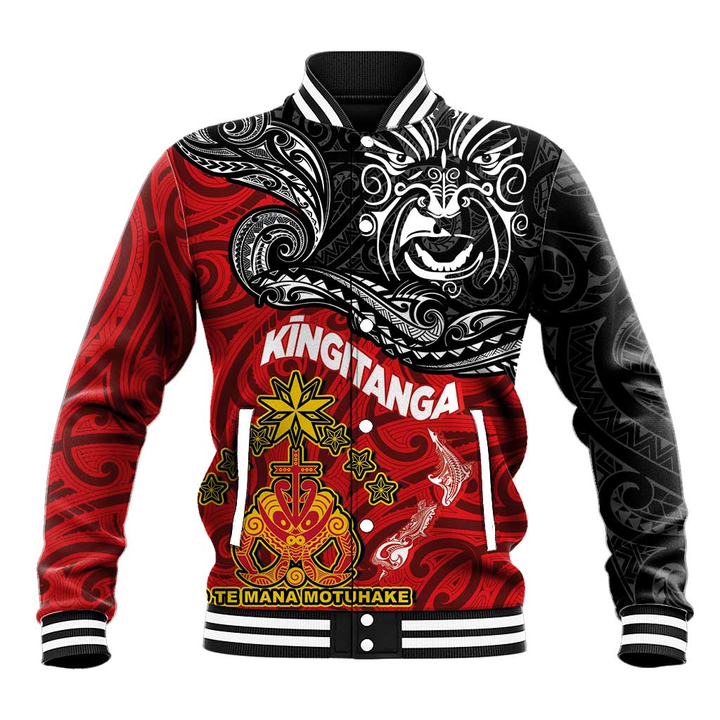Maori King Movement Baseball Jacket Ko Te Mana Motuhake Emblem with Moko and Polynesian Art Tattoo LT03 Unisex Red - Polynesian Pride