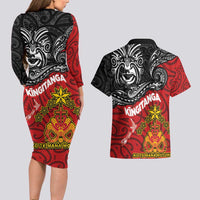 Maori King Movement Couples Matching Long Sleeve Bodycon Dress and Hawaiian Shirt Ko Te Mana Motuhake Emblem with Moko and Polynesian Art Tattoo LT03 - Polynesian Pride