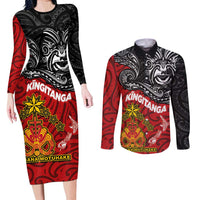 Maori King Movement Couples Matching Long Sleeve Bodycon Dress and Long Sleeve Button Shirt Ko Te Mana Motuhake Emblem with Moko and Polynesian Art Tattoo LT03 Red - Polynesian Pride