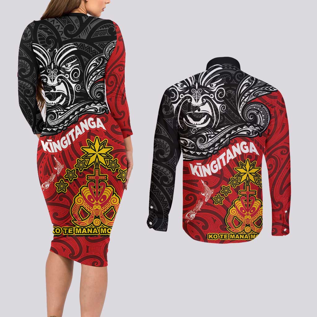 Maori King Movement Couples Matching Long Sleeve Bodycon Dress and Long Sleeve Button Shirt Ko Te Mana Motuhake Emblem with Moko and Polynesian Art Tattoo LT03 - Polynesian Pride