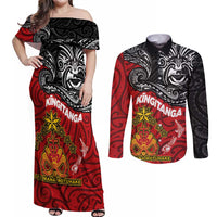 Maori King Movement Couples Matching Off Shoulder Maxi Dress and Long Sleeve Button Shirt Ko Te Mana Motuhake Emblem with Moko and Polynesian Art Tattoo LT03 Red - Polynesian Pride