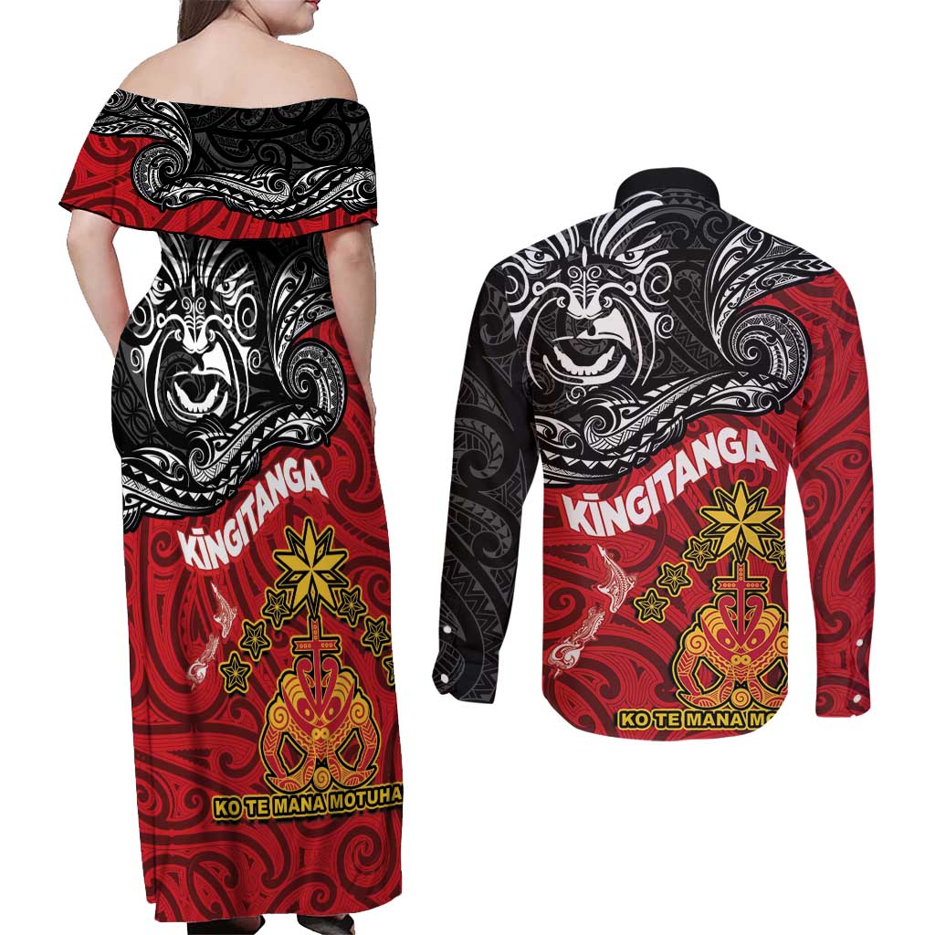 Maori King Movement Couples Matching Off Shoulder Maxi Dress and Long Sleeve Button Shirt Ko Te Mana Motuhake Emblem with Moko and Polynesian Art Tattoo LT03 - Polynesian Pride