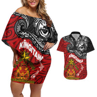 Maori King Movement Couples Matching Off Shoulder Short Dress and Hawaiian Shirt Ko Te Mana Motuhake Emblem with Moko and Polynesian Art Tattoo LT03 Red - Polynesian Pride