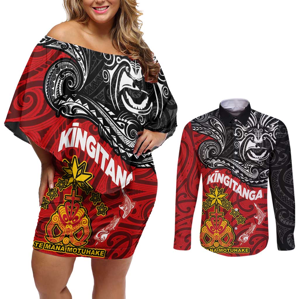 Maori King Movement Couples Matching Off Shoulder Short Dress and Long Sleeve Button Shirt Ko Te Mana Motuhake Emblem with Moko and Polynesian Art Tattoo LT03 Red - Polynesian Pride