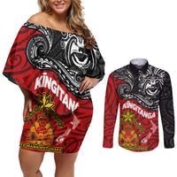 Maori King Movement Couples Matching Off Shoulder Short Dress and Long Sleeve Button Shirt Ko Te Mana Motuhake Emblem with Moko and Polynesian Art Tattoo LT03 Red - Polynesian Pride
