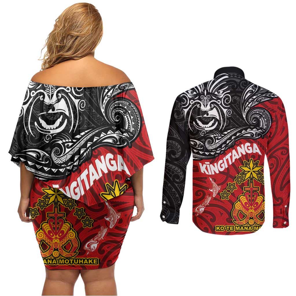 Maori King Movement Couples Matching Off Shoulder Short Dress and Long Sleeve Button Shirt Ko Te Mana Motuhake Emblem with Moko and Polynesian Art Tattoo LT03 - Polynesian Pride