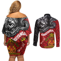 Maori King Movement Couples Matching Off Shoulder Short Dress and Long Sleeve Button Shirt Ko Te Mana Motuhake Emblem with Moko and Polynesian Art Tattoo LT03 - Polynesian Pride