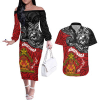 Maori King Movement Couples Matching Off The Shoulder Long Sleeve Dress and Hawaiian Shirt Ko Te Mana Motuhake Emblem with Moko and Polynesian Art Tattoo LT03 Red - Polynesian Pride