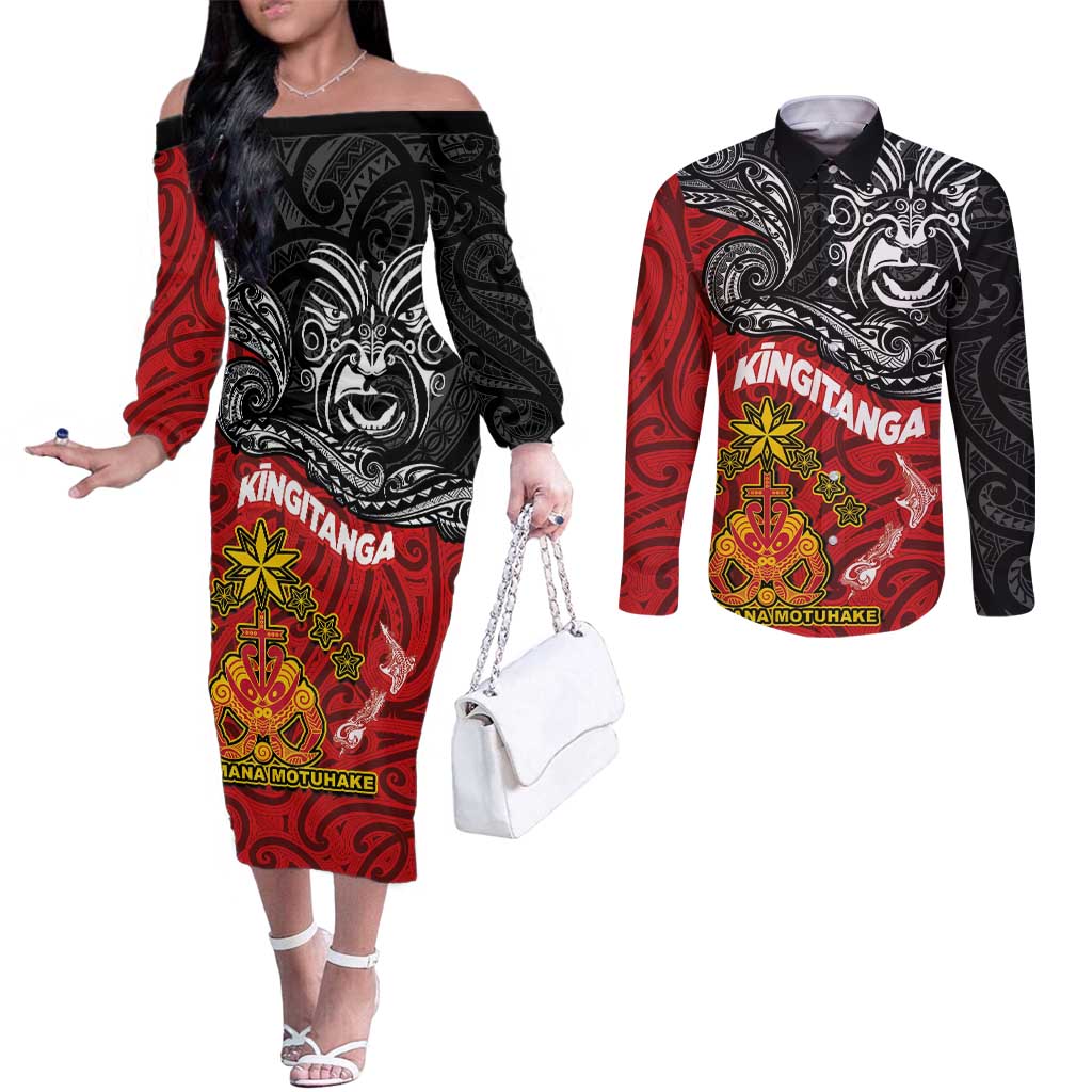 Maori King Movement Couples Matching Off The Shoulder Long Sleeve Dress and Long Sleeve Button Shirt Ko Te Mana Motuhake Emblem with Moko and Polynesian Art Tattoo LT03 Red - Polynesian Pride