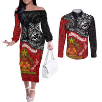Maori King Movement Couples Matching Off The Shoulder Long Sleeve Dress and Long Sleeve Button Shirt Ko Te Mana Motuhake Emblem with Moko and Polynesian Art Tattoo LT03 Red - Polynesian Pride
