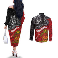 Maori King Movement Couples Matching Off The Shoulder Long Sleeve Dress and Long Sleeve Button Shirt Ko Te Mana Motuhake Emblem with Moko and Polynesian Art Tattoo LT03 - Polynesian Pride