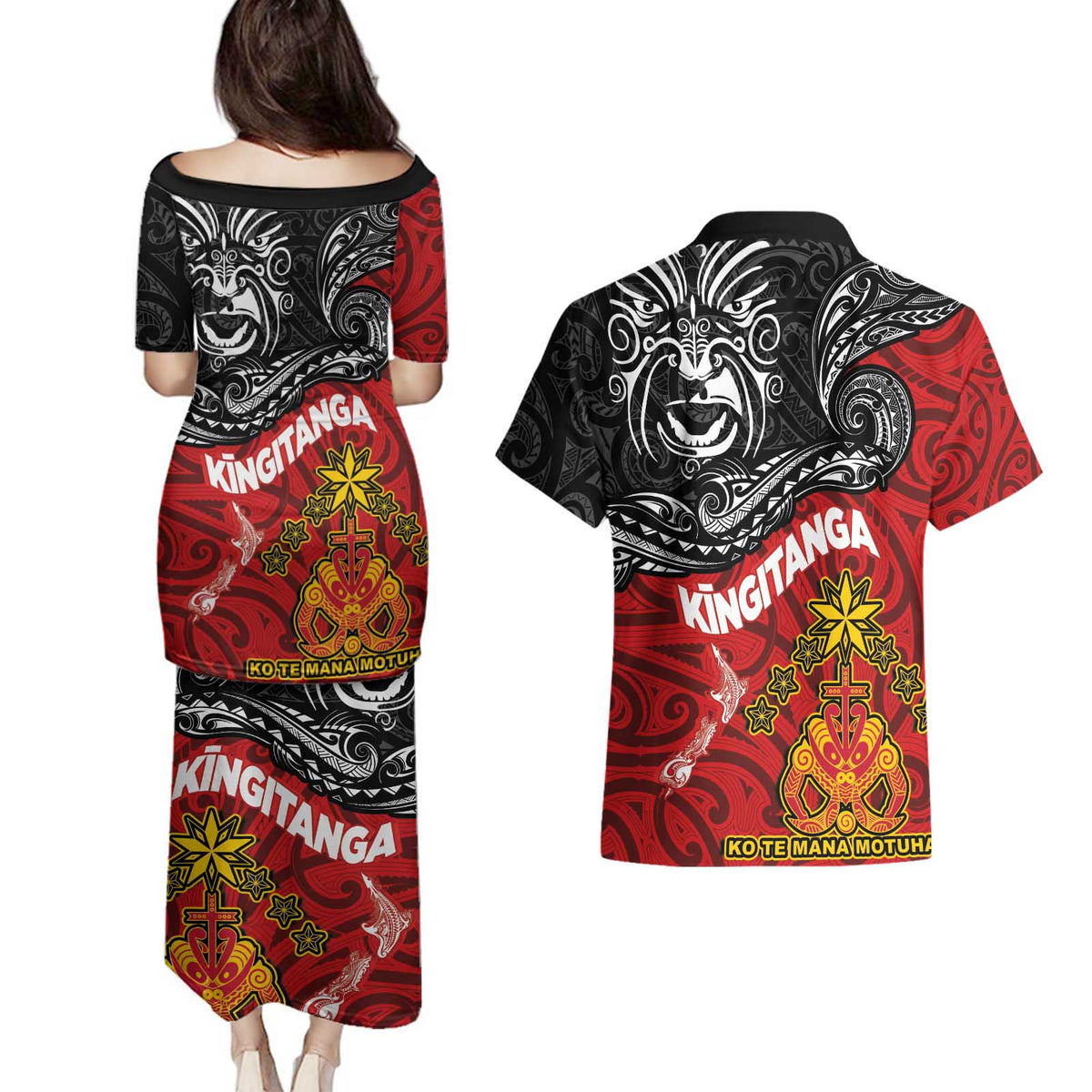 Maori King Movement Couples Matching Puletasi and Hawaiian Shirt Ko Te Mana Motuhake Emblem with Moko and Polynesian Art Tattoo LT03 - Polynesian Pride