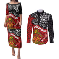 Maori King Movement Couples Matching Puletasi and Long Sleeve Button Shirt Ko Te Mana Motuhake Emblem with Moko and Polynesian Art Tattoo LT03 Red - Polynesian Pride