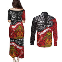 Maori King Movement Couples Matching Puletasi and Long Sleeve Button Shirt Ko Te Mana Motuhake Emblem with Moko and Polynesian Art Tattoo LT03 - Polynesian Pride