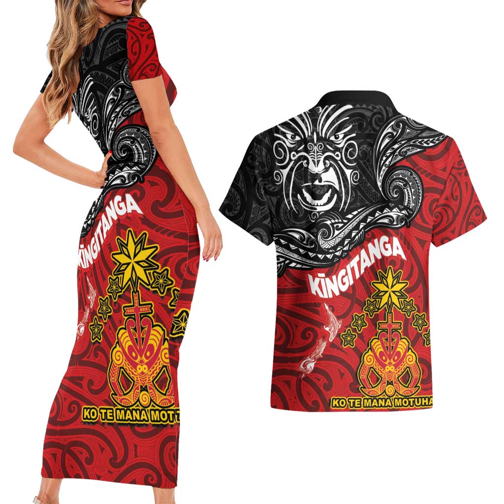 Maori King Movement Couples Matching Short Sleeve Bodycon Dress and Hawaiian Shirt Ko Te Mana Motuhake Emblem with Moko and Polynesian Art Tattoo LT03 - Polynesian Pride
