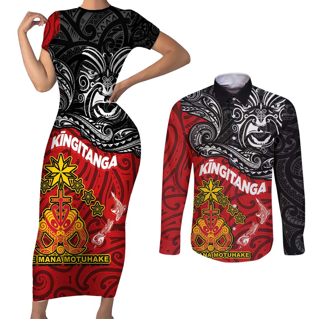 Maori King Movement Couples Matching Short Sleeve Bodycon Dress and Long Sleeve Button Shirt Ko Te Mana Motuhake Emblem with Moko and Polynesian Art Tattoo LT03 Red - Polynesian Pride