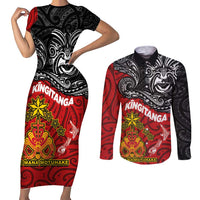Maori King Movement Couples Matching Short Sleeve Bodycon Dress and Long Sleeve Button Shirt Ko Te Mana Motuhake Emblem with Moko and Polynesian Art Tattoo LT03 Red - Polynesian Pride