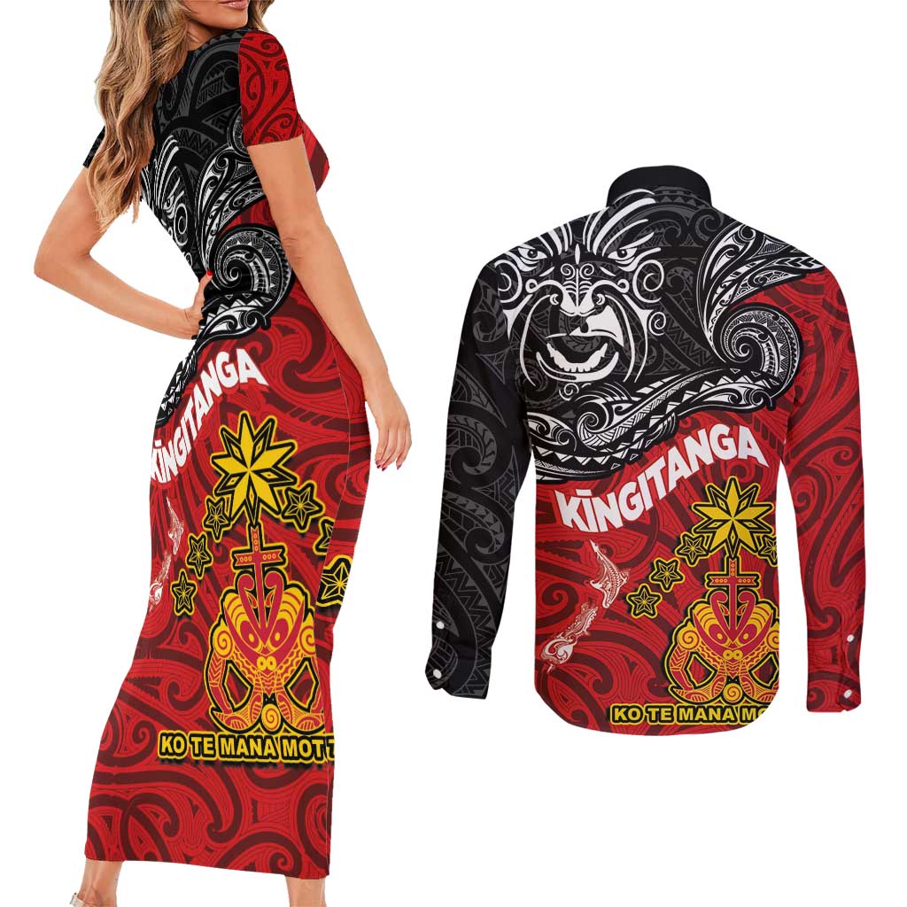 Maori King Movement Couples Matching Short Sleeve Bodycon Dress and Long Sleeve Button Shirt Ko Te Mana Motuhake Emblem with Moko and Polynesian Art Tattoo LT03 - Polynesian Pride