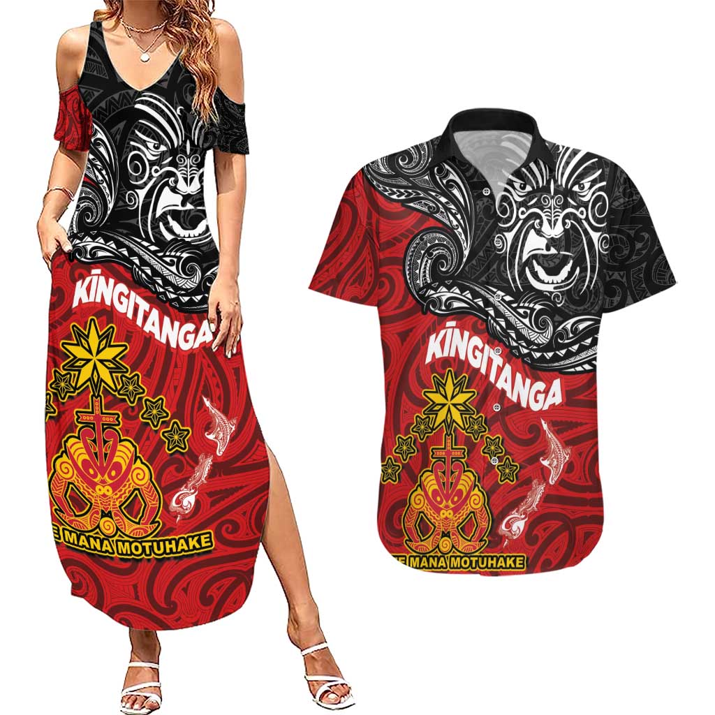 Maori King Movement Couples Matching Summer Maxi Dress and Hawaiian Shirt Ko Te Mana Motuhake Emblem with Moko and Polynesian Art Tattoo LT03 Red - Polynesian Pride