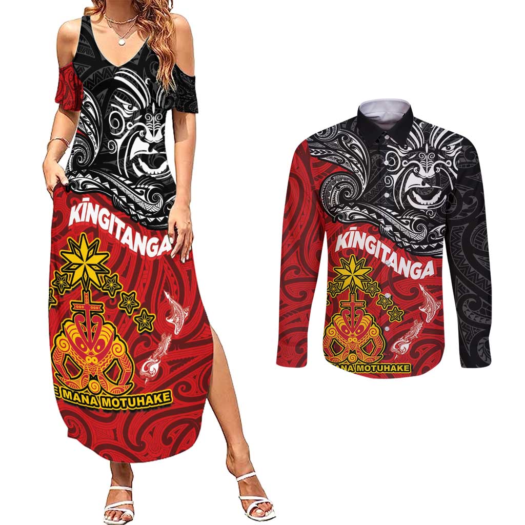 Maori King Movement Couples Matching Summer Maxi Dress and Long Sleeve Button Shirt Ko Te Mana Motuhake Emblem with Moko and Polynesian Art Tattoo LT03 Red - Polynesian Pride