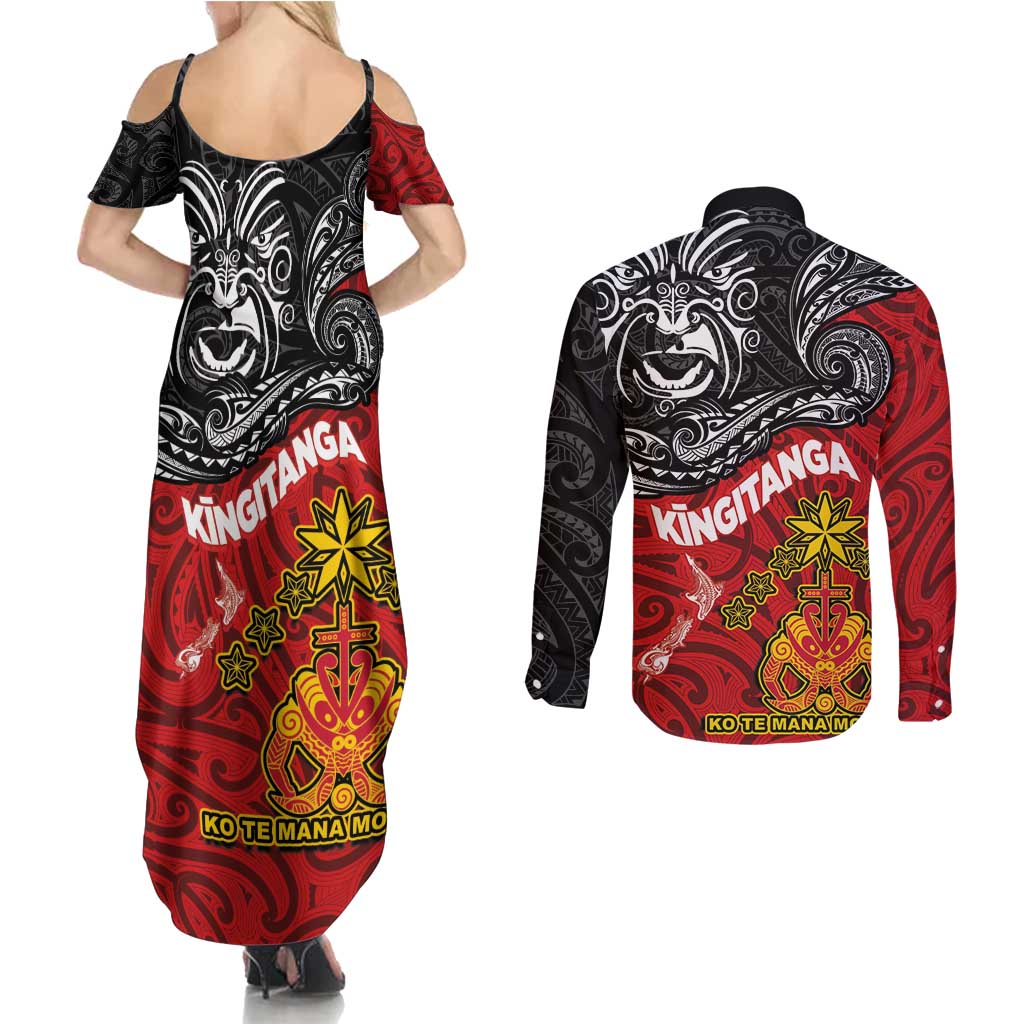 Maori King Movement Couples Matching Summer Maxi Dress and Long Sleeve Button Shirt Ko Te Mana Motuhake Emblem with Moko and Polynesian Art Tattoo LT03 - Polynesian Pride