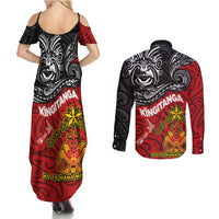 Maori King Movement Couples Matching Summer Maxi Dress and Long Sleeve Button Shirt Ko Te Mana Motuhake Emblem with Moko and Polynesian Art Tattoo LT03 - Polynesian Pride