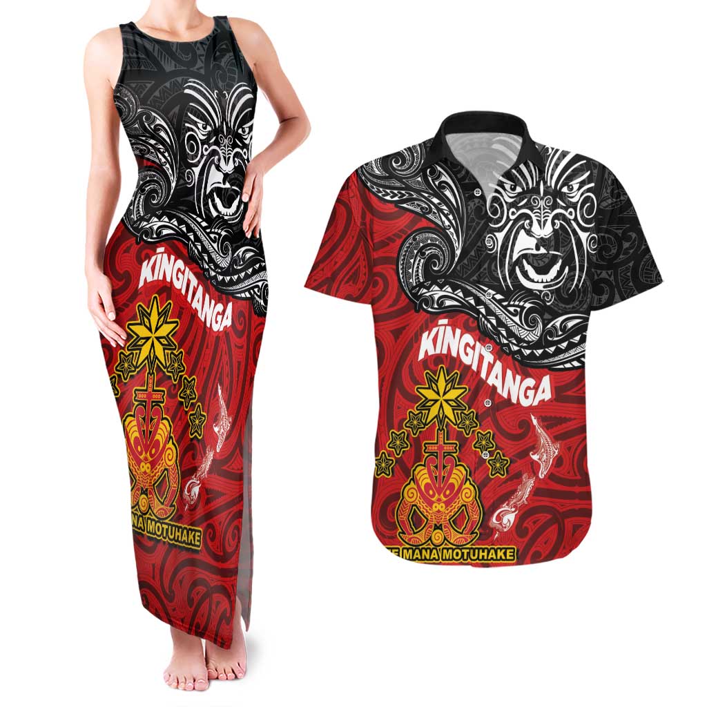 Maori King Movement Couples Matching Tank Maxi Dress and Hawaiian Shirt Ko Te Mana Motuhake Emblem with Moko and Polynesian Art Tattoo LT03 Red - Polynesian Pride