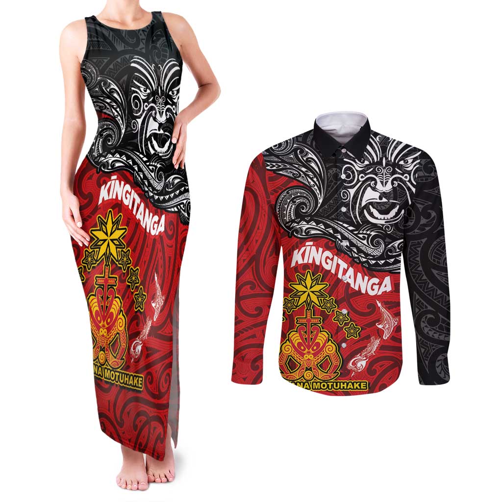 Maori King Movement Couples Matching Tank Maxi Dress and Long Sleeve Button Shirt Ko Te Mana Motuhake Emblem with Moko and Polynesian Art Tattoo LT03 Red - Polynesian Pride