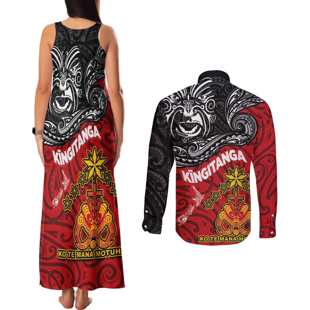 Maori King Movement Couples Matching Tank Maxi Dress and Long Sleeve Button Shirt Ko Te Mana Motuhake Emblem with Moko and Polynesian Art Tattoo LT03 - Polynesian Pride