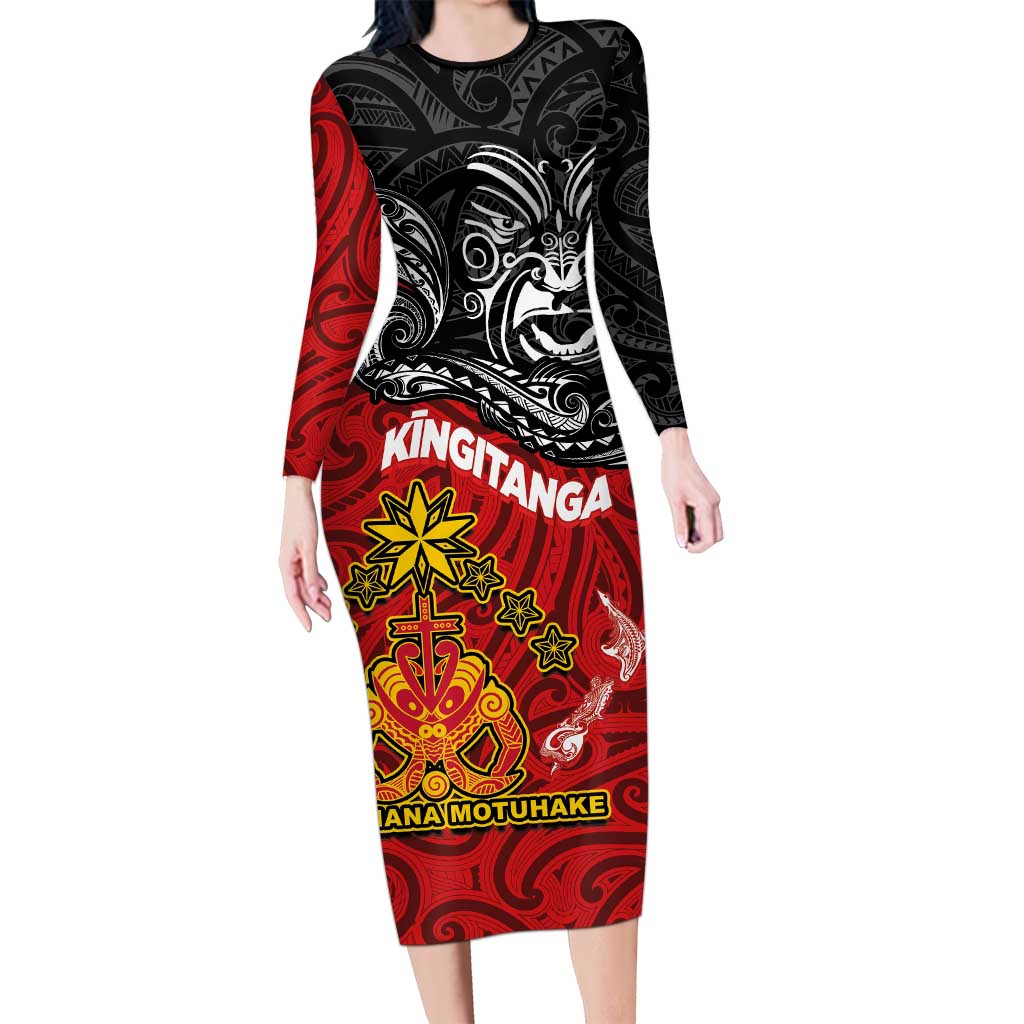 Maori King Movement Family Matching Long Sleeve Bodycon Dress and Hawaiian Shirt Ko Te Mana Motuhake Emblem with Moko and Polynesian Art Tattoo LT03 Mom's Dress Red - Polynesian Pride