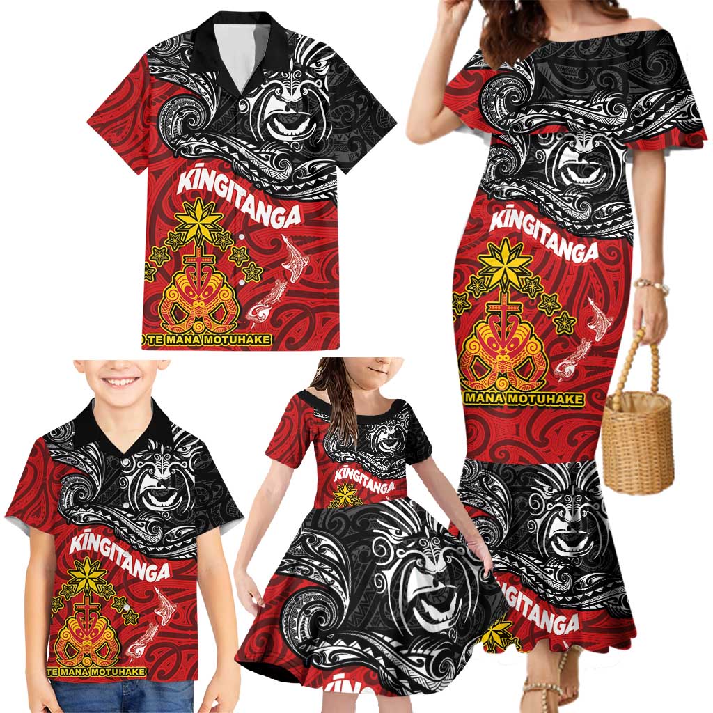 Maori King Movement Family Matching Mermaid Dress and Hawaiian Shirt Ko Te Mana Motuhake Emblem with Moko and Polynesian Art Tattoo LT03 - Polynesian Pride