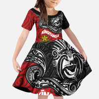 Maori King Movement Family Matching Off The Shoulder Long Sleeve Dress and Hawaiian Shirt Ko Te Mana Motuhake Emblem with Moko and Polynesian Art Tattoo LT03 Daughter's Dress Red - Polynesian Pride