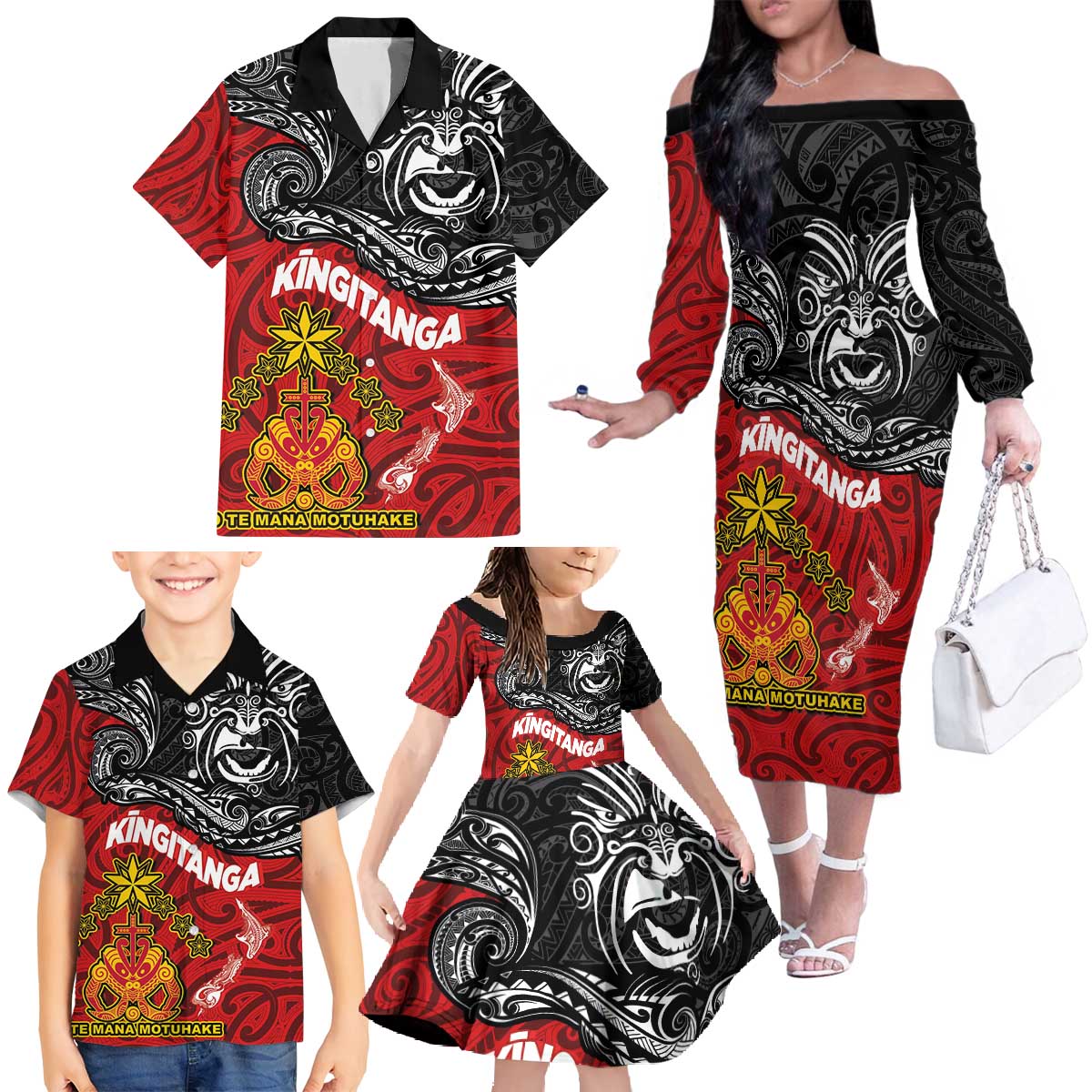 Maori King Movement Family Matching Off The Shoulder Long Sleeve Dress and Hawaiian Shirt Ko Te Mana Motuhake Emblem with Moko and Polynesian Art Tattoo LT03 - Polynesian Pride